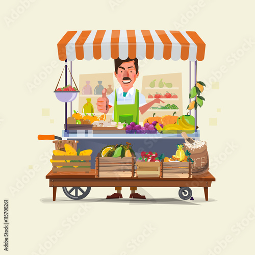 vegetables and fruits cart with seller character design. market