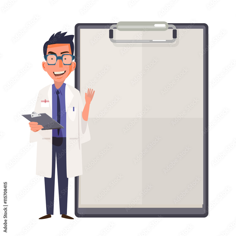 Happy doctor character design showing blank clipboard sign for p Happy doctor character design showing blank clipboard sign for p