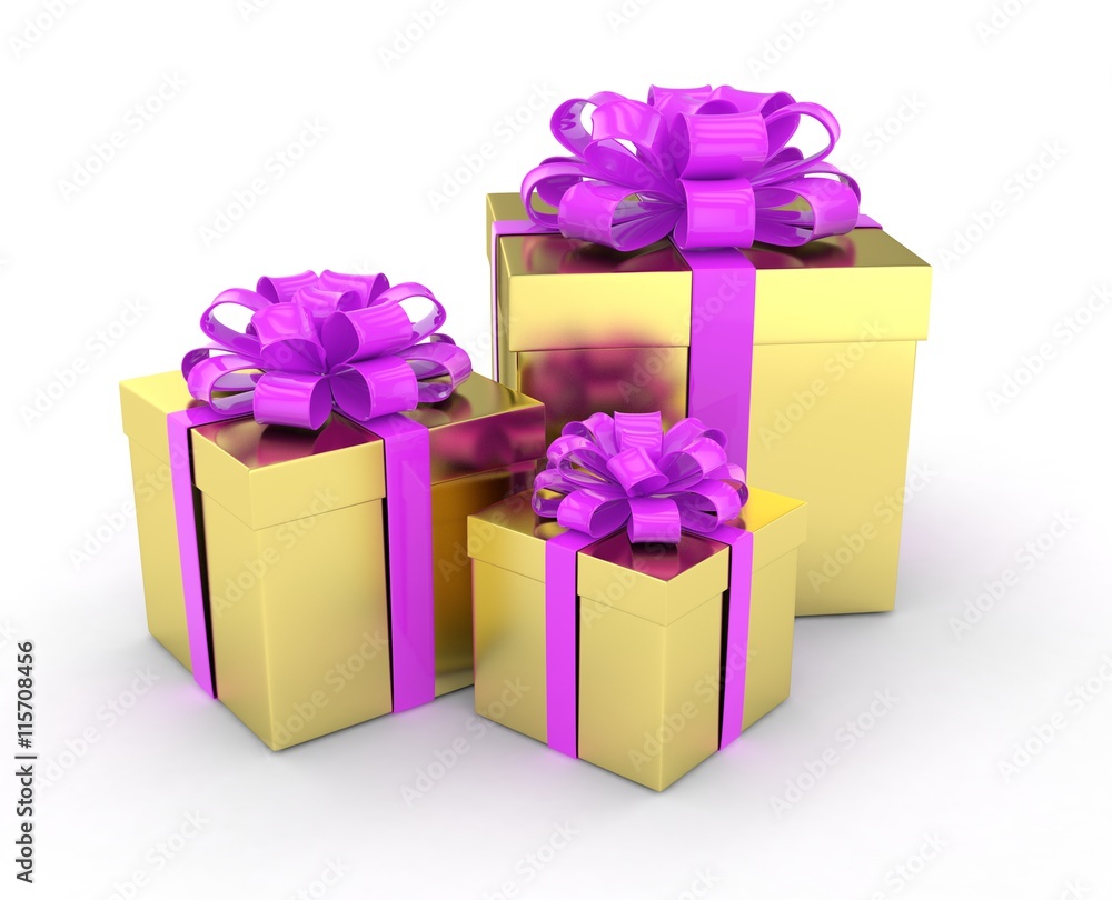 Obraz premium three gift boxes with bows isolated on white. 3d rendering.
