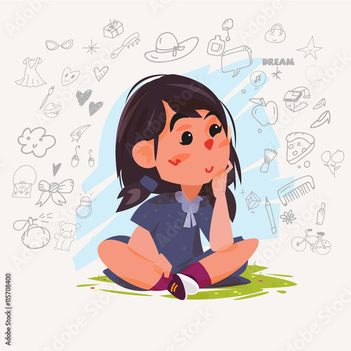 Cute dreaming girl. Young girl sitting on ground and thinking of