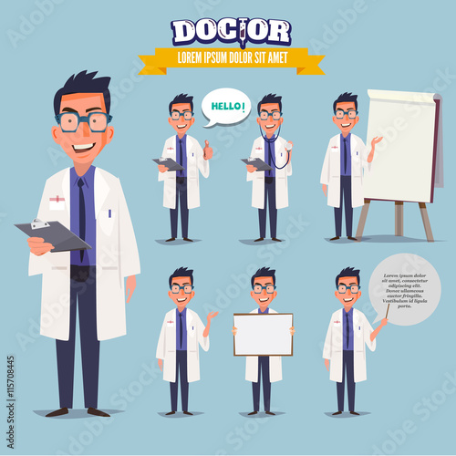 Smart doctor presenting in various action. character design. doc
