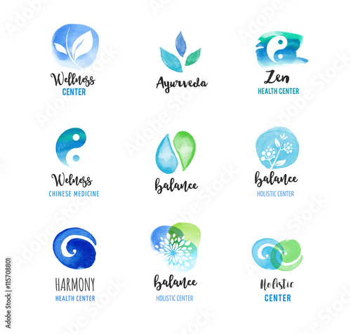 Alternative medicine and wellness, yoga concept - vector watercolor icons