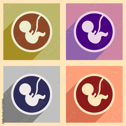 Set flat icons with long shadow child in womb