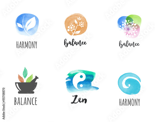 Alternative medicine and wellness, yoga concept - vector watercolor icons