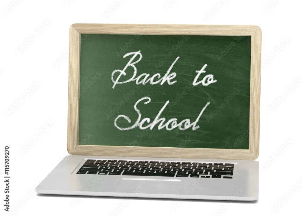 Laptop with chalkboard, back to school, online education concept. 3d rendering. Laptop with chalkboard, back to school, online education concept. 3d rendering.