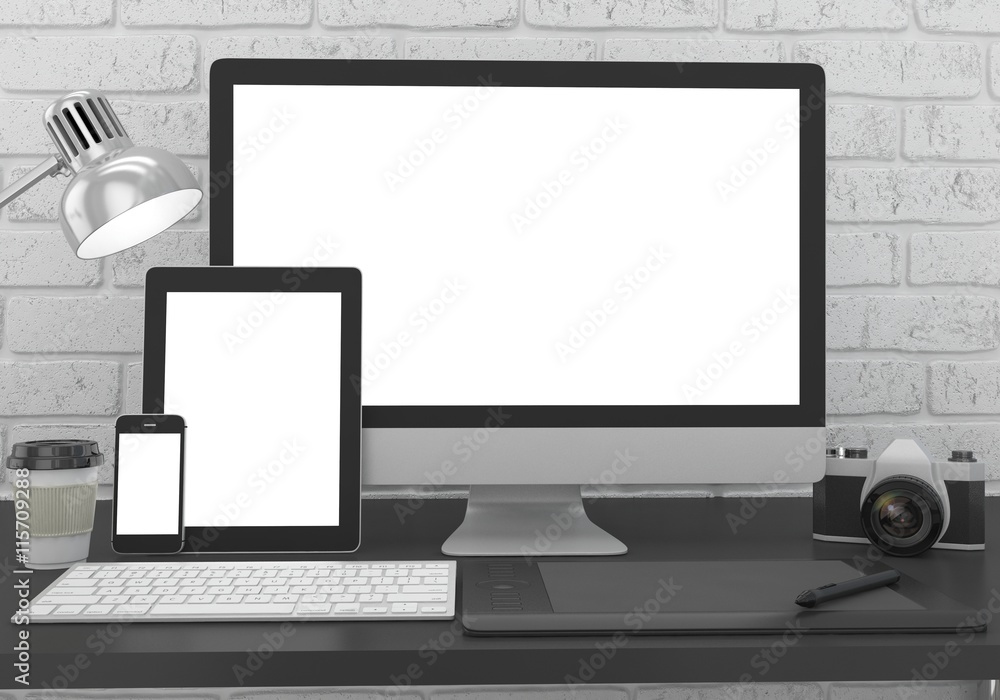 Fototapeta premium Responsive mockup screen. Monitor, tablet, phone on table in office. 3d rendering.