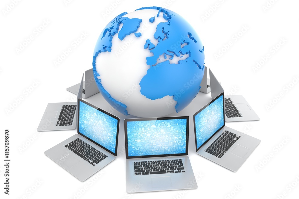 Laptop network around earth globe. 3d render Laptop network around earth globe. 3d render