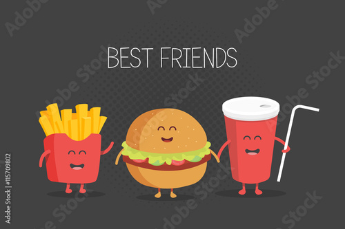 Cute fast food burger, soda, french fries