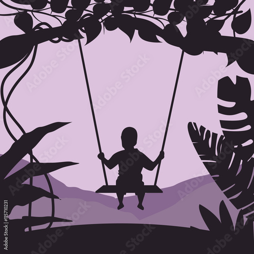 boy swing in tree enjoy time moment silhouette