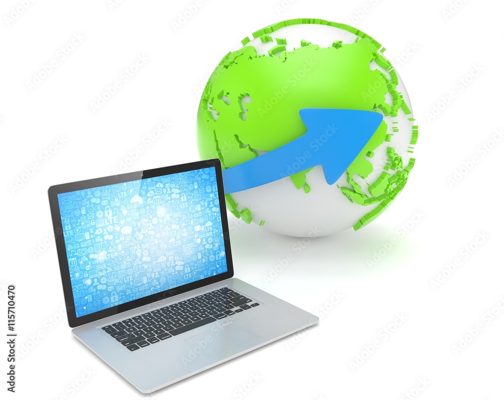 Laptop network and earth globe. 3d render Laptop network and earth globe. 3d render