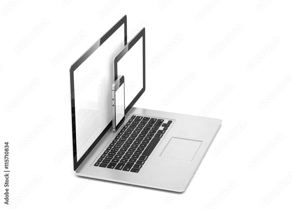 laptop, tablet, phone, on white. 3d rendering. laptop, tablet, phone, on white. 3d rendering.