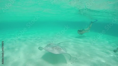 Wallpaper Mural SLOW MOTION: Young woman snorkeling underwater with friendly stingray rays Torontodigital.ca