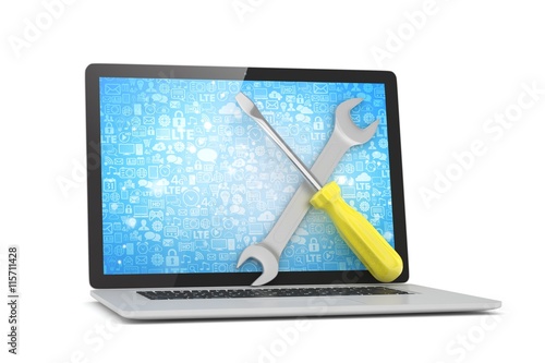 3D Illustration Wrench and screwdriver on laptop, service concept