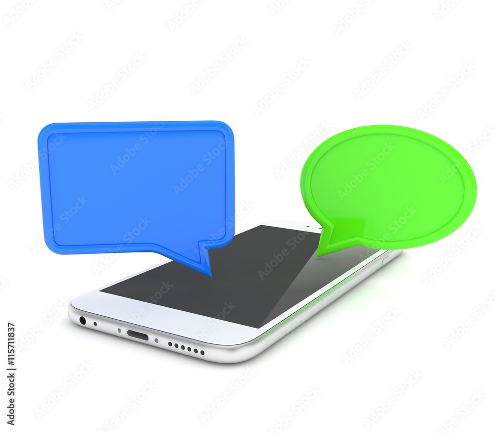 smartphone with bubbles isolated on white background. 3d rendering.