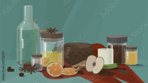 Spa set with fruits , spices , oils and scrubs