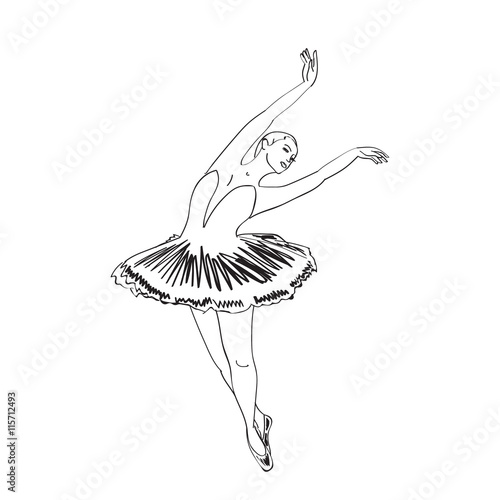 Sketch of dancing ballerina in a tutu dress and pointe shoes 