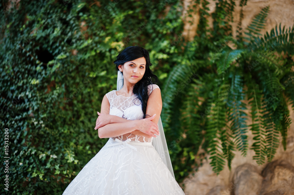 Temptation model brunette bride at exciting wedding dress backgr Temptation model brunette bride at exciting wedding dress backgr