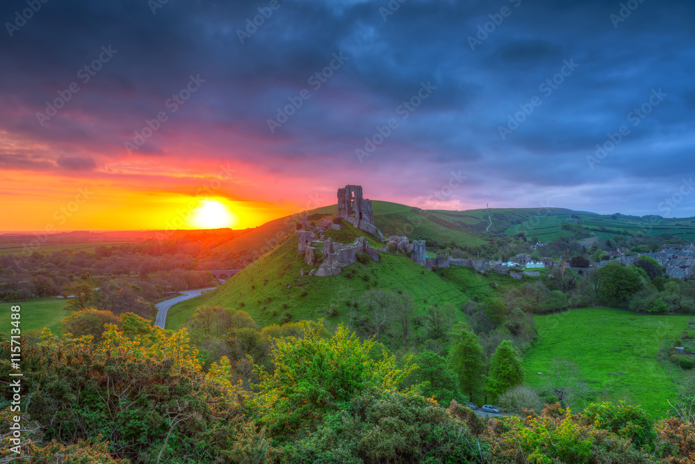 Ruins of the Corfe castle at beautiful sunrise in County Dorset, UK