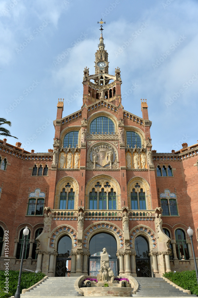 Facade of the modernist building of St Pau Hospital, Barcelona, Spain