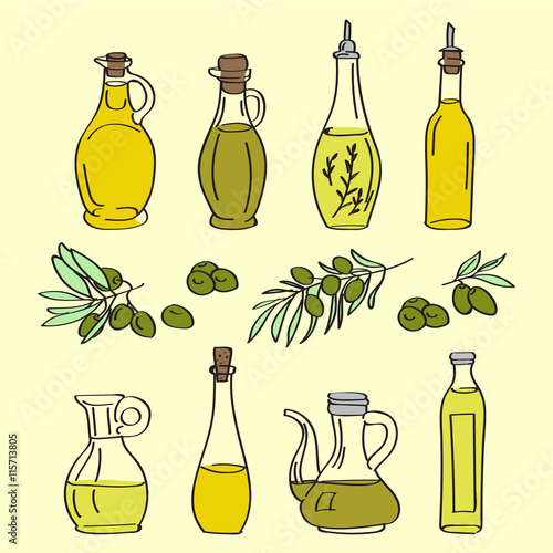 Collection of olive oil bottles with olive branches and olive berries sketches. Great design elements for olive oil products.