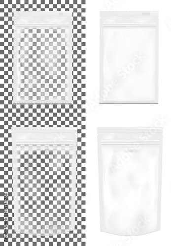 Transparent empty plastic packaging with zipper. Foil sachet