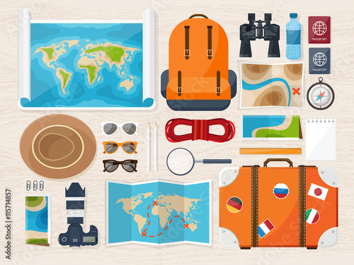 Travel and tourism. Flat style. World, earth map. Globe. Trip, tour, journey, summer holidays. Travelling,exploring worldwide. Adventure,expedition. Table, workplace. Traveler. Navigation or route