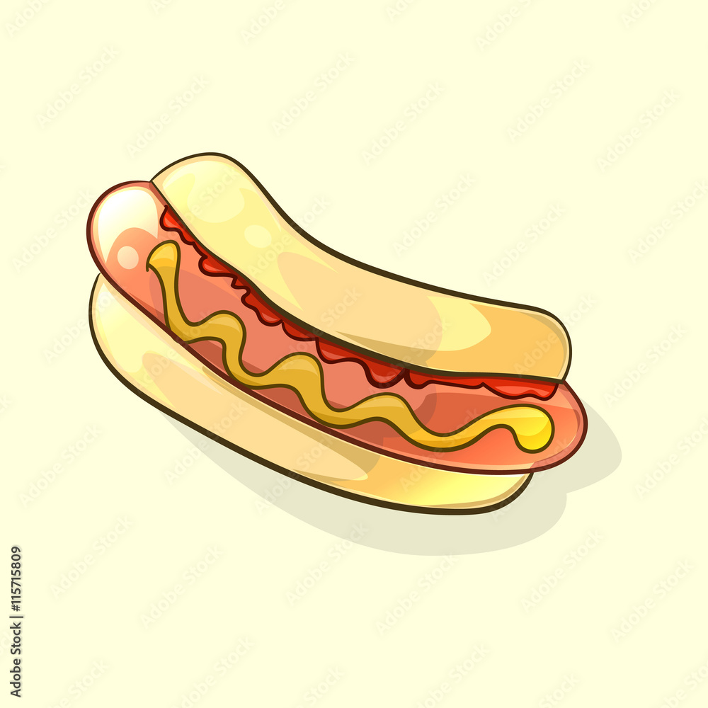 Tasty hot dog in cartoon style. Vector illustration Tasty hot dog in cartoon style. Vector illustration