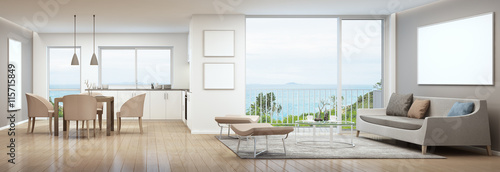 Living room, dining room and kitchen in luxury house with white picture frame- 3D rendering