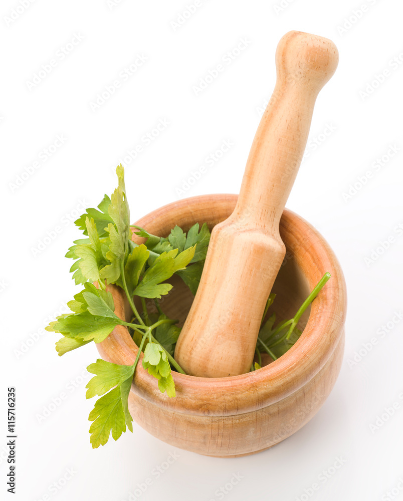 aerial shot of kitchen mortar with parsley