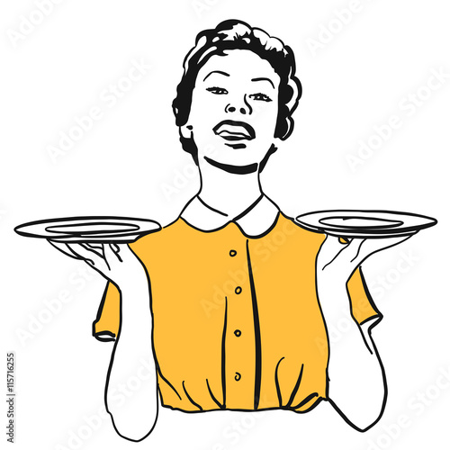 Vintage housewife or waitress balance empty plates