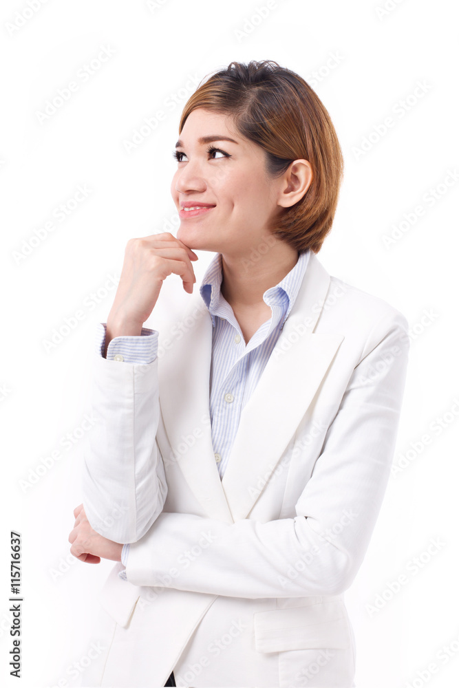 happy, positive, smiling business woman looking up happy, positive, smiling business woman looking up