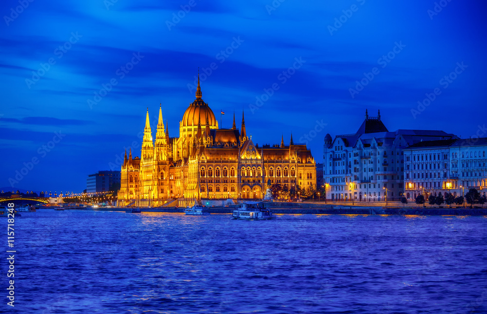 Late evening illumination of hungarian parliament in budapest