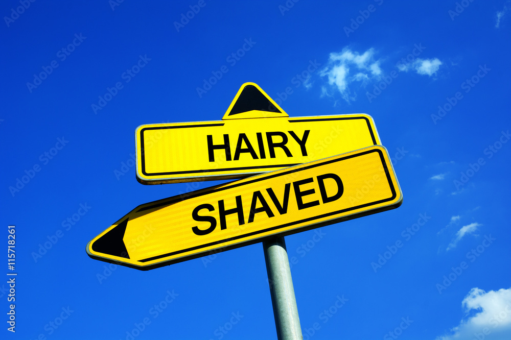 Hairy or Shaved - Traffic sign with two options - natural, trimmed or shaved parts of body - legs, genitals, chest. Question of beauty, hygiene, attractiveness and nature Hairy or Shaved - Traffic sign with two options - natural, trimmed or shaved parts of body - legs, genitals, chest. Question of beauty, hygiene, attractiveness and nature