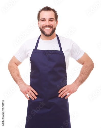 Tableau sur toile Happy..Happy man with blue apron