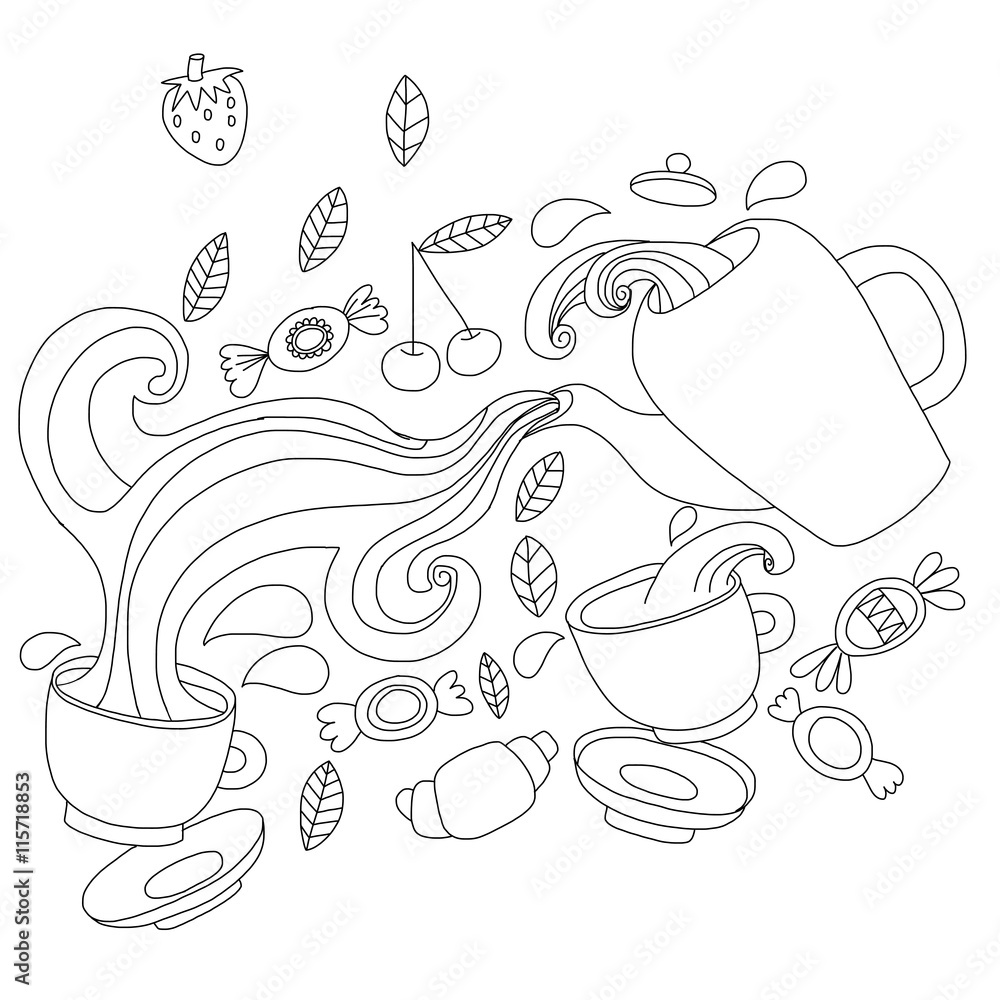 Vector doodle picture of tea, berries and candy