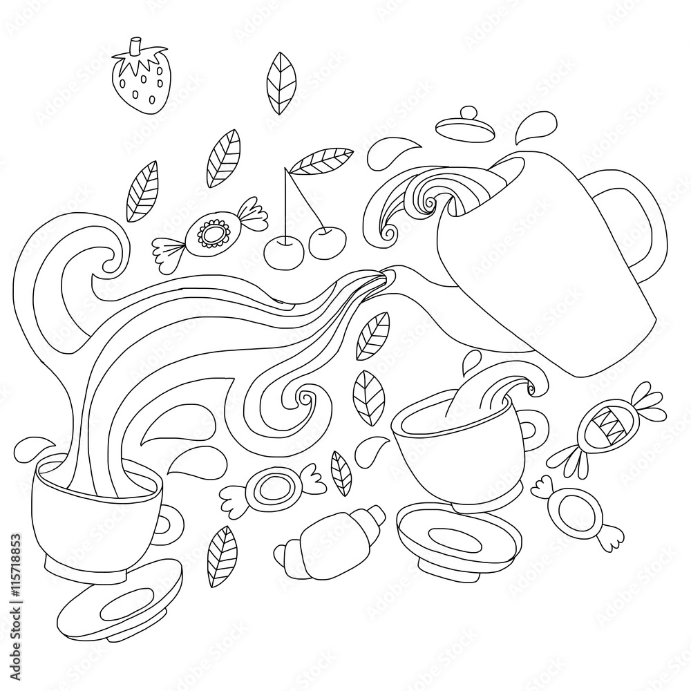 Vector doodle picture of tea, berries and candy Vector doodle picture of tea, berries and candy