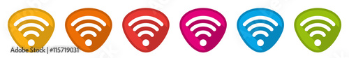 Button-Set: Wi-Fi-Buttons – gelb, orange, rot, pink, blau, grün – Vektor, Flat Design, freigestellt