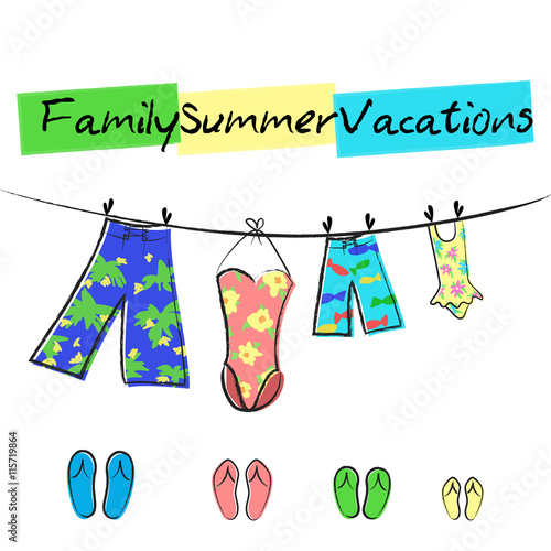 Family summer vacations banner with colorful swimsuits. Vector illustration