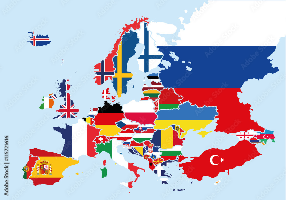Obraz premium Map of Europe colored with the flags of each country
