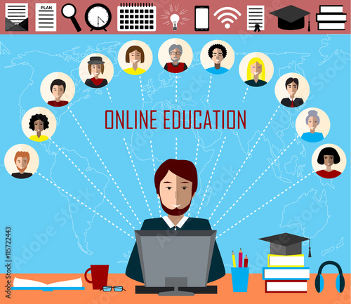 Distance education or e-learning background. Tutor and his online group of students. 