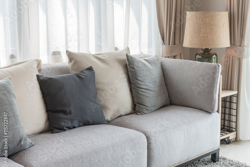 modern grey sofa with pillows and modern lamp on table side in l © 290712