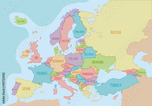 Political map of Europe with colors and borders for each country