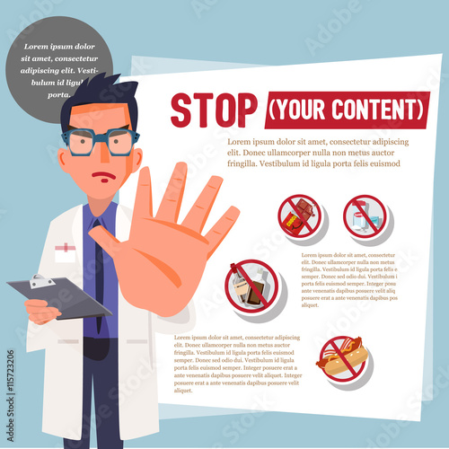 
smart doctor showing stop hand to warn. infographic. icon. character design - vector illustration