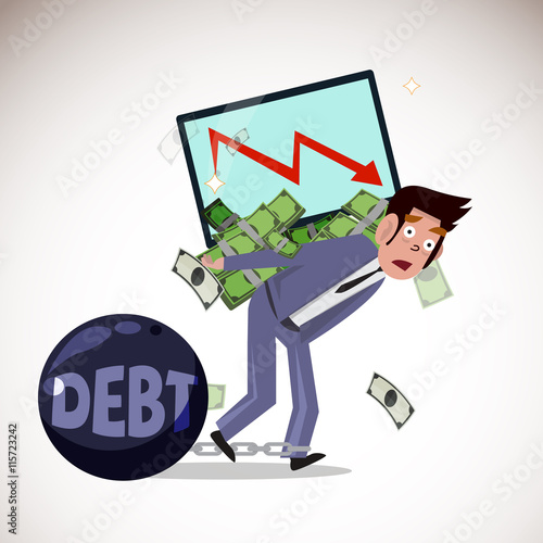 businessman taking monitor with down chart and money. debt prison ball with chain. bankruptcy - vector illustration