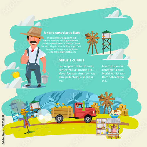 
farm truck run across farm scence. farmer guy. Agricultural. infographic. character design - vector illustration