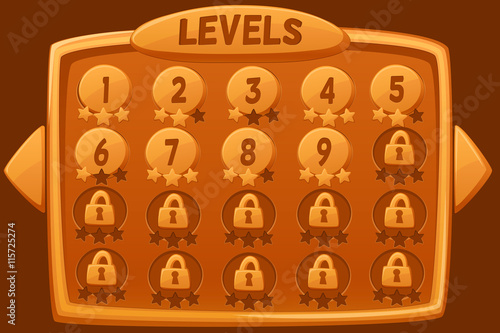 Level selection. Vector graphical user interface (UI GUI) for 2d video games.Orange glossy menu with buttons and stars.