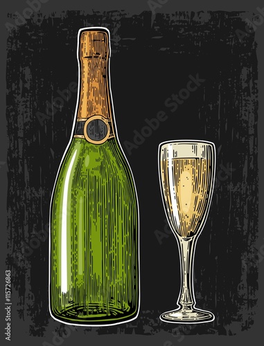 Champagne glass and bottle.