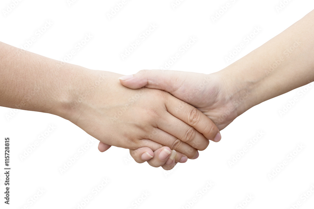 Closeup of woman shaking hands isolated on white background. Cli Closeup of woman shaking hands isolated on white background. Cli