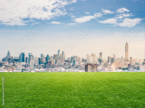 green grass with cityscape background © phonlamaiphoto