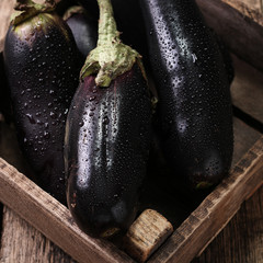 Fresh eggplants on dark wooden background.. Vegetarian food